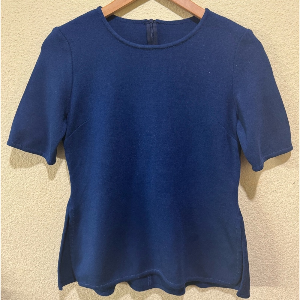 ST. JOHN Blue Milano Wool Knit Peplum Blouse